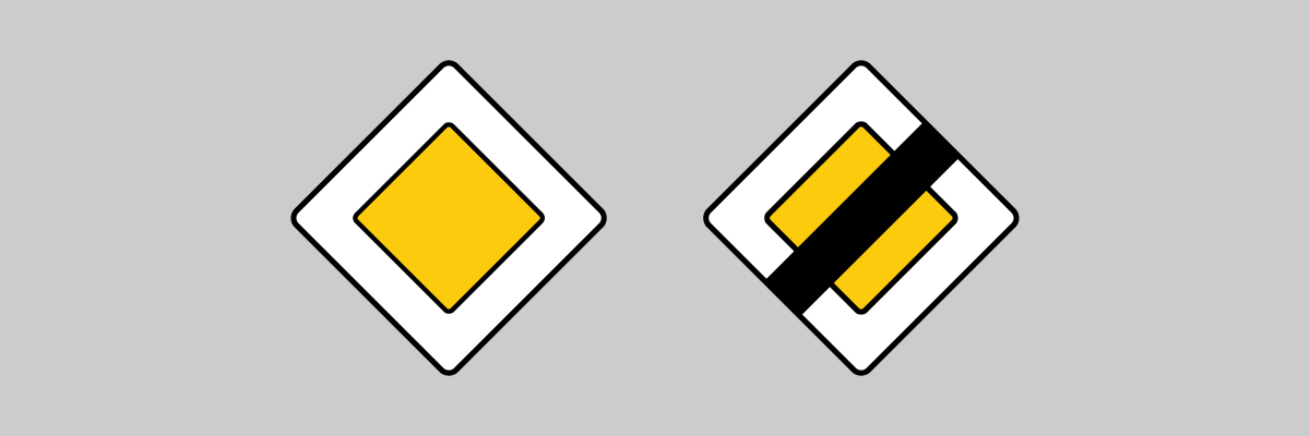 panneaux route à caractère prioritaire et fin de route à caractère prioritaire