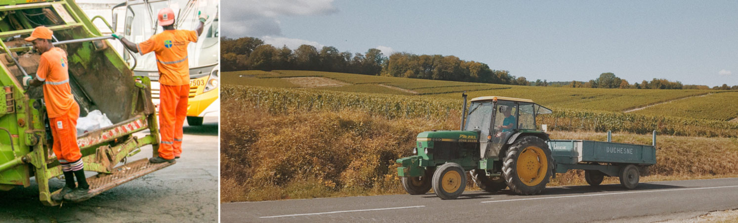 éboueurs et tracteur sur la route